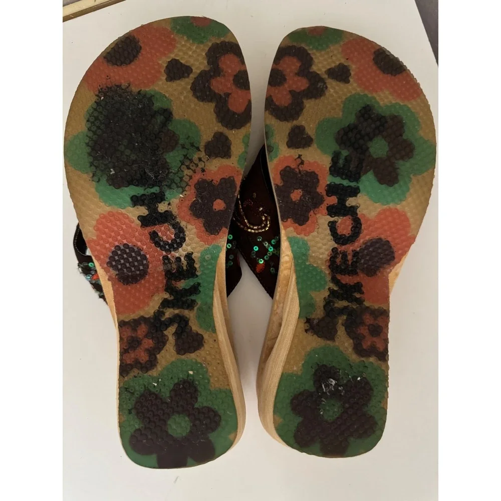 Skechers Something Else Vintage Y2K Wood Platform Paisley Beaded Sandals Brown